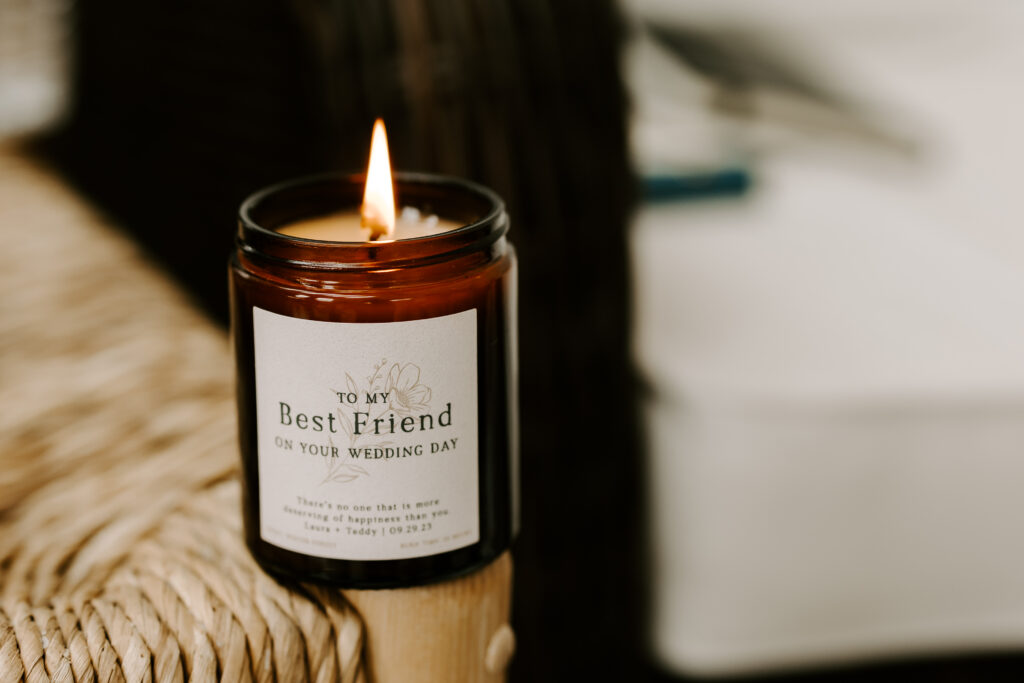 Lit candle reading "to my best friend on your wedding day" in boston, MA
