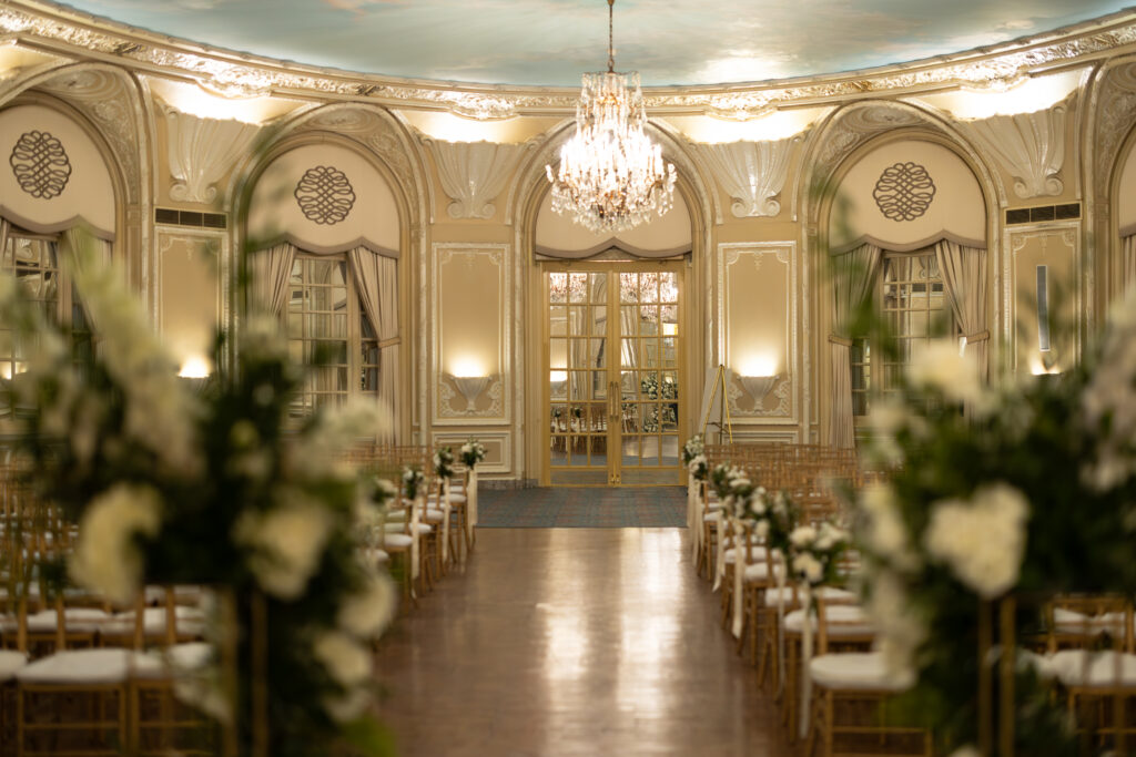 Image of wedding ceremony space in ballroom at Fairmont Copley Plaza in Boston. 