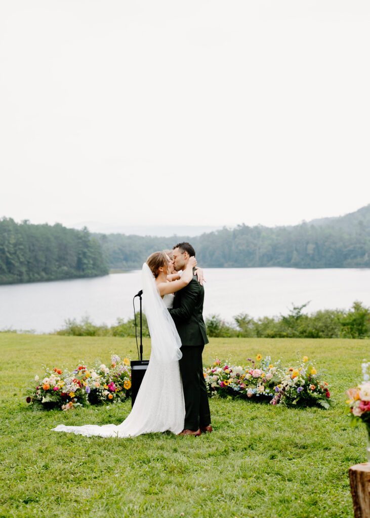 First kiss at Ogontz Resort in Lyman, New Hampshire wedding venue