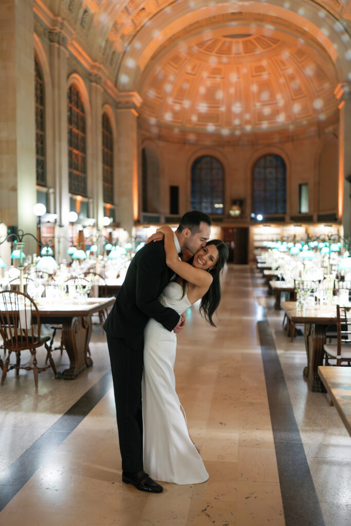 Bride and groom portrait inside Boston Public Library Reception