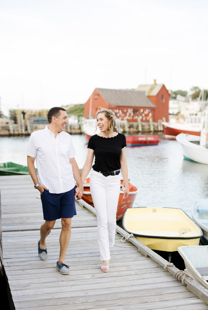 Rockport, Massachusetts playful engagement photo session, colorful and coastal. Boston and New England wedding photographer
