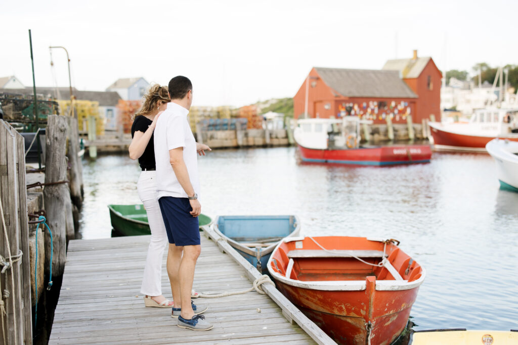 Rockport, Massachusetts playful engagement photo session, colorful and coastal. Boston and New England wedding photographer