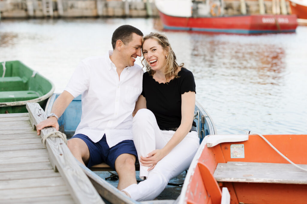 Rockport, Massachusetts playful engagement photo session, colorful and coastal. Boston and New England wedding photographer