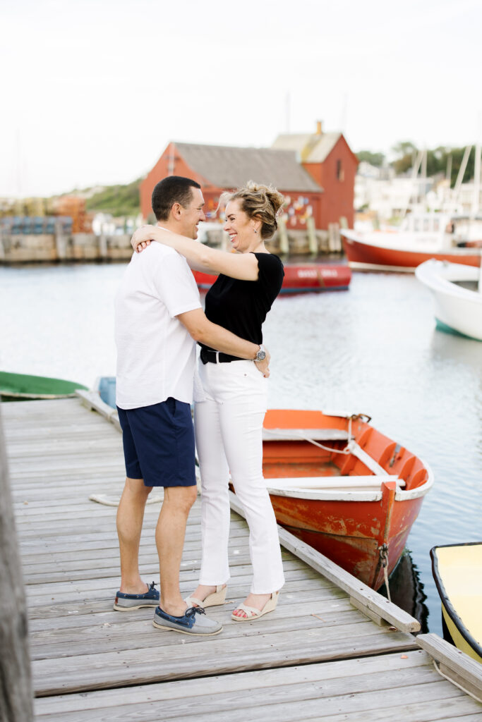 Rockport, Massachusetts playful engagement photo session, colorful and coastal. Boston and New England wedding photographer