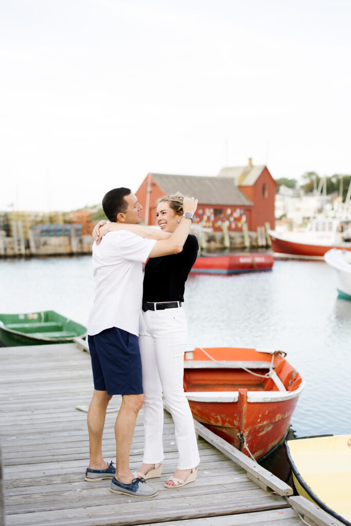 Rockport, Massachusetts playful engagement photo session, colorful and coastal. Boston and New England wedding photographer