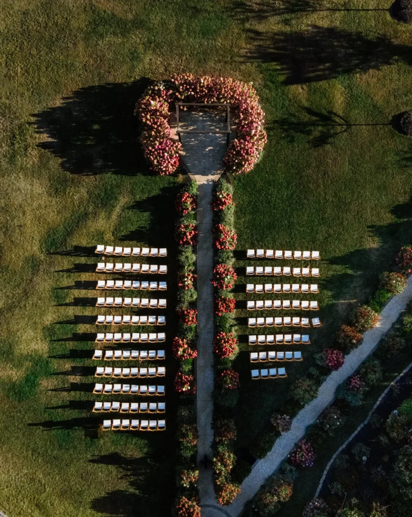 Overhead drone shot of wedding ceremony design at The Promise Gardens
