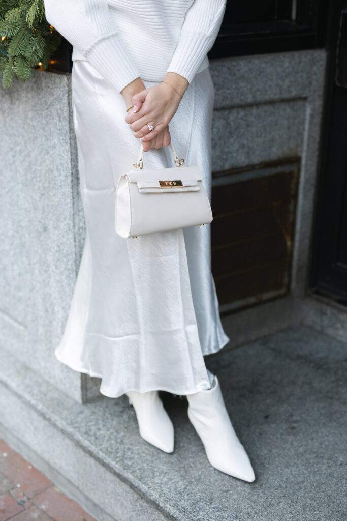 Bride's outfit for Boston engagement photos, white skirt, white shoes, white purse