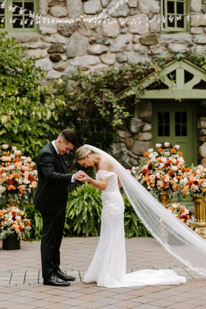 Groom's sweet reaction to first look with his bride at The Willowdale Estate in Topsfield, Massachusetts.