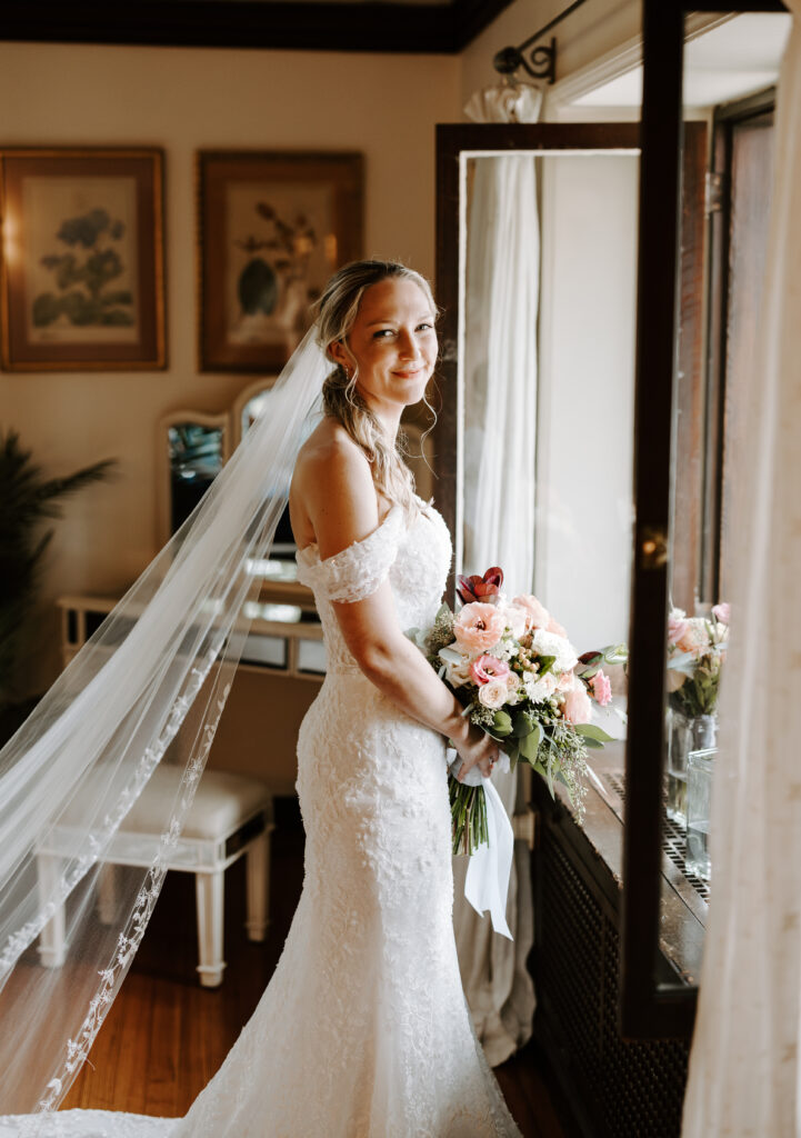 Bridal portraits in bridal suite at The Willowdale Estate for a fall wedding.
