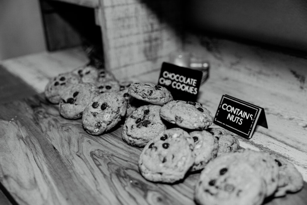 Fresh chocolate chip cookies on display during wedding reception at The Willowdale Estate.