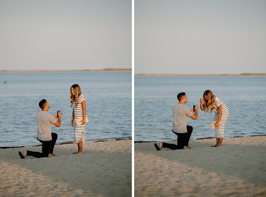 Bride to be is surprised when her boy friend gets down on one knee at Cape Cod beach and proposes.