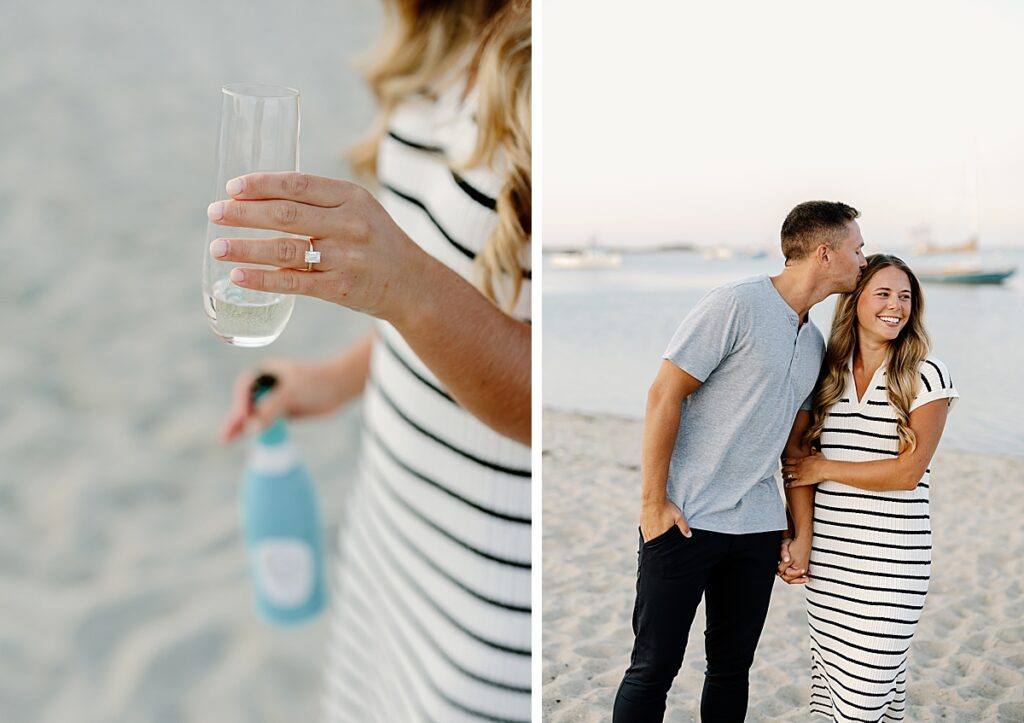 Bride shows off engagement ring and smiles as groom kisses her