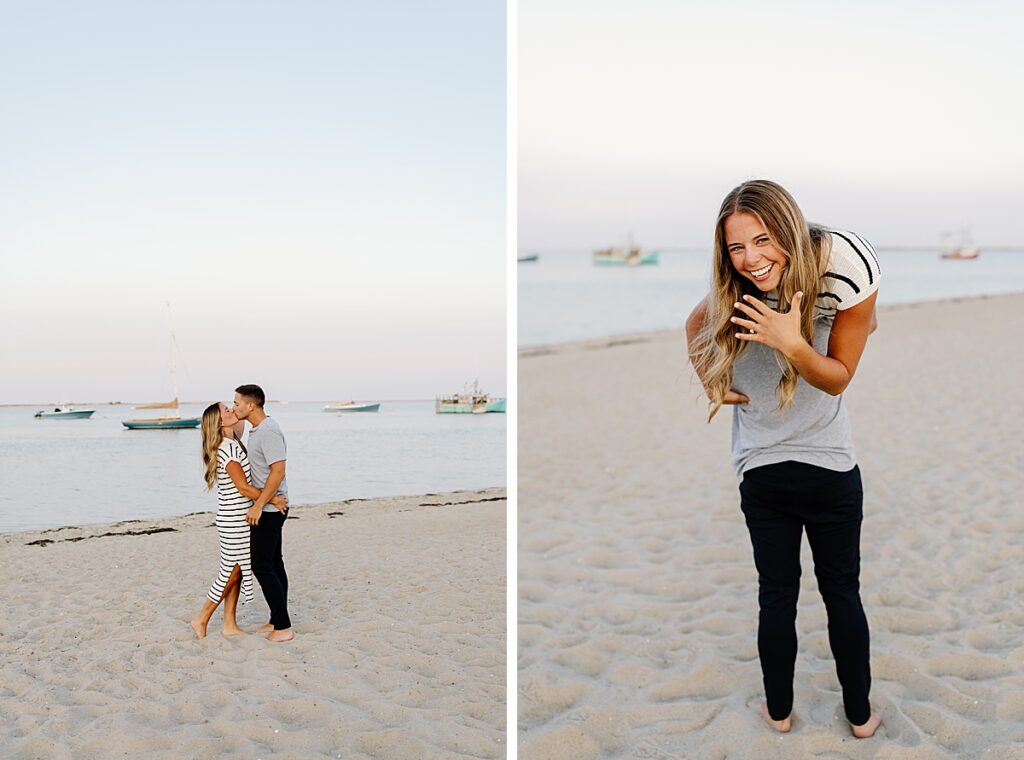 Bride and groom kiss and bride shows off engagement ring after proposal on the beach