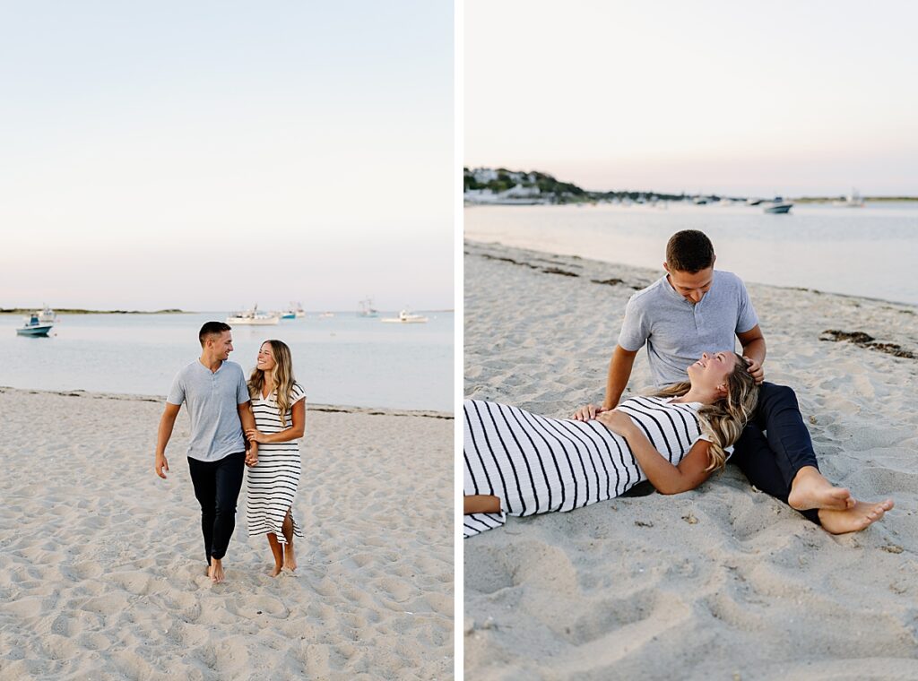 Bride and groom look at each other lovingly on the beach