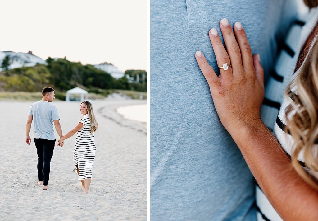 Brides hand on grooms chest showing off ring and bride and groom walk away on the beach