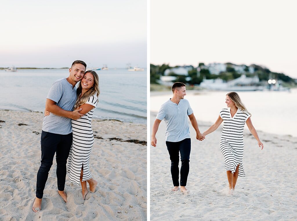 Bride and groom smile on the beach after proposal at sunset