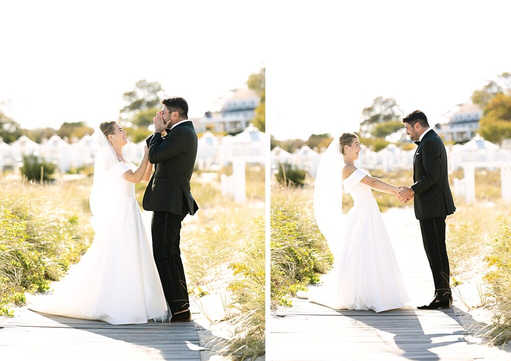 Groom covers his face and cries during first look with bride on the beach at their cape cod wedding