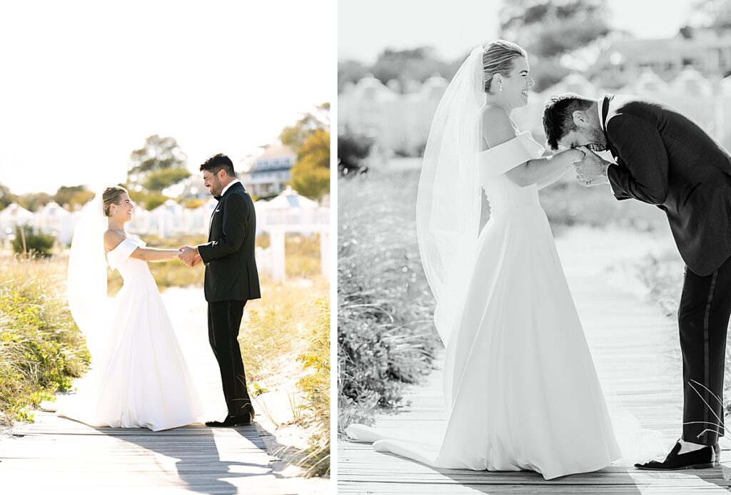 Groom holds bride's hands and cries during first look on the beach at their cape cod wedding