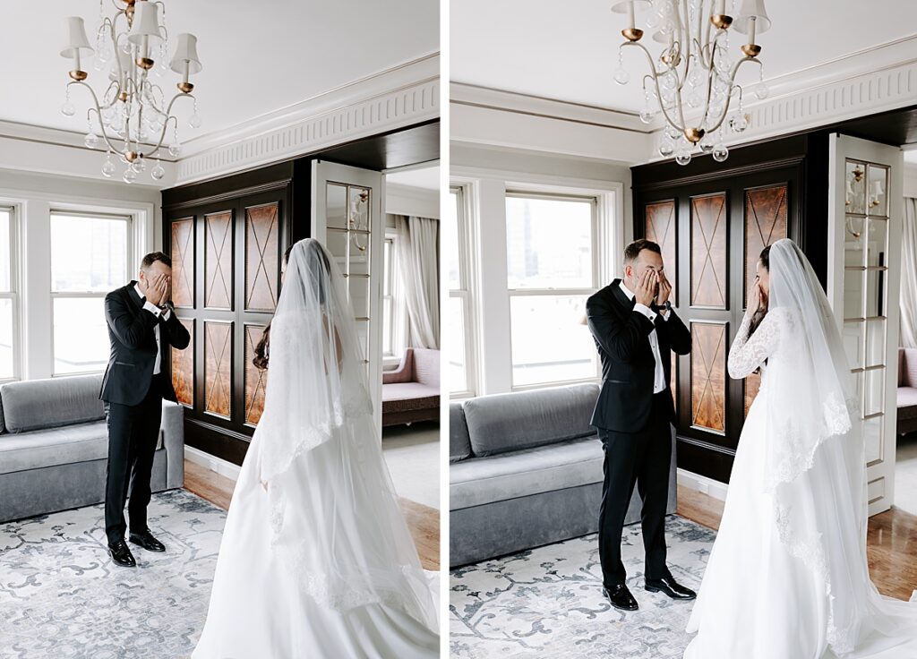 Bride and groom cry when seeing each other during first look on their wedding day at The Lennox Hotel