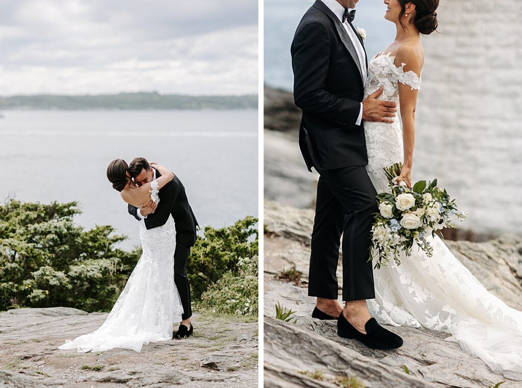 Bride and groom hug and look at each other by the light house at Castle Hill Inn