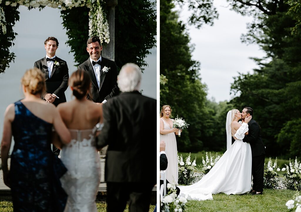 Two images from wedding ceremonies. Bride walks down the aisle as groom smiles. Bride and groom share first kiss.