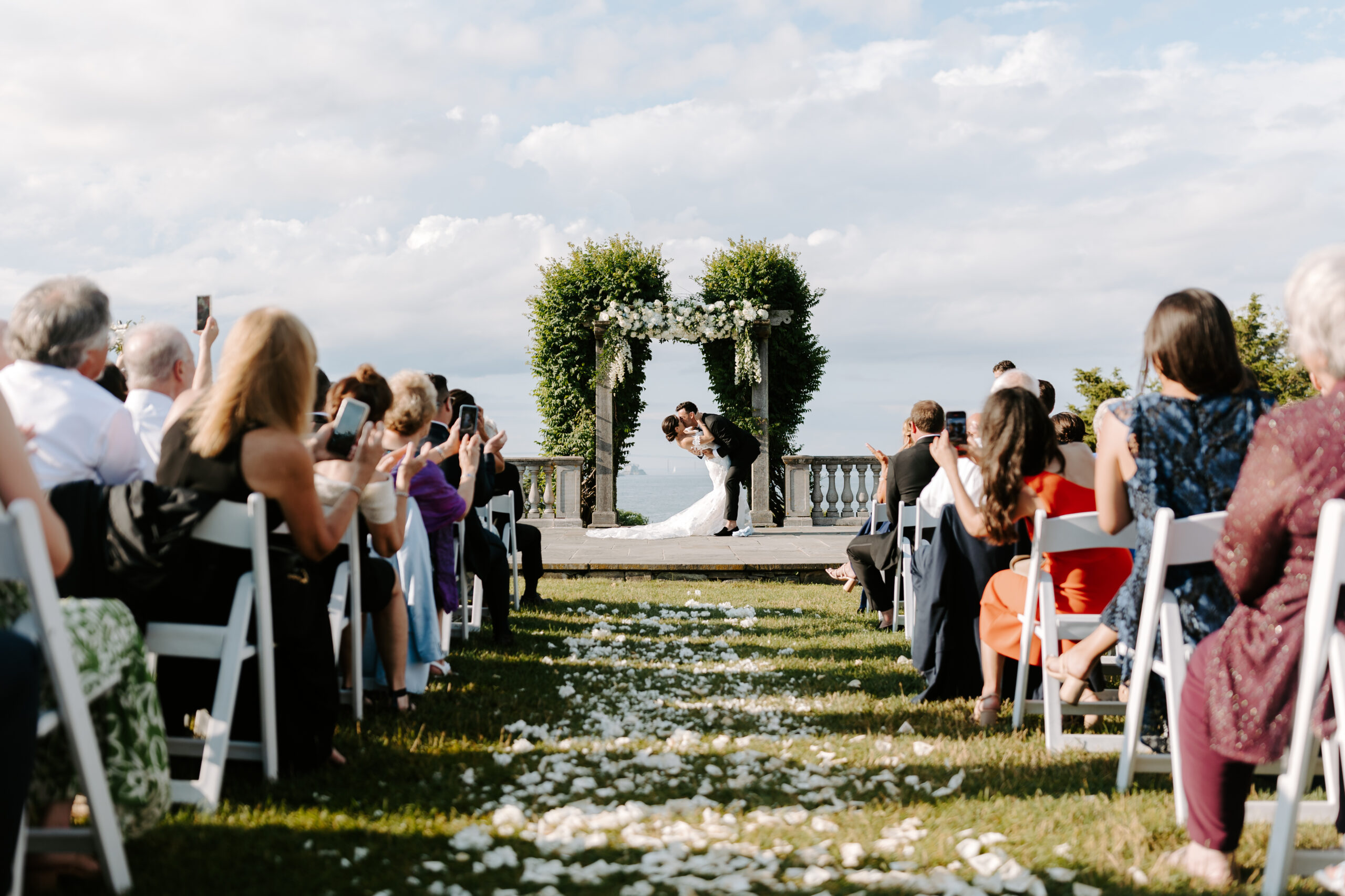 First Kiss at wedding ceremony at Castle Hill Inn in Newport RI